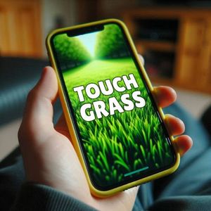 Preview image, with a phone telling the user to touch grass