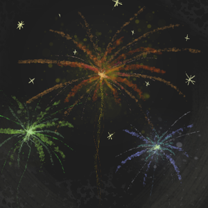 Three starburst fireworks against a dark night sky - one orange in the center, one green on the left, and one blue on the right. Small white stars are scattered throughout the background.